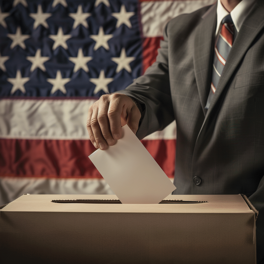 man voting with an American flag behind him