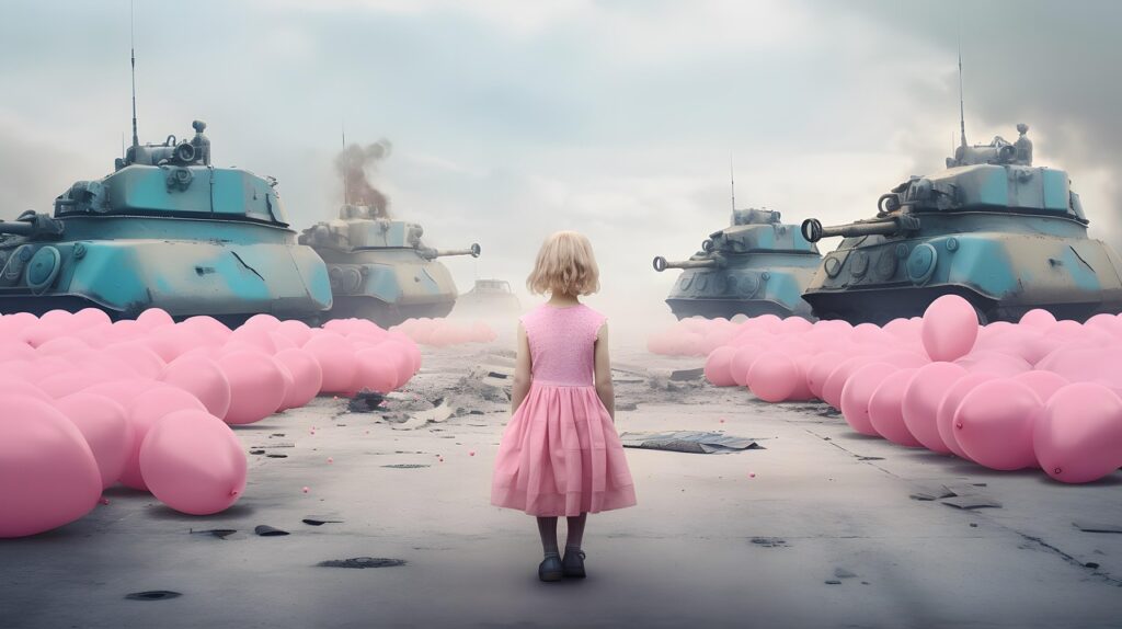girl in pink with tanks surrounding her