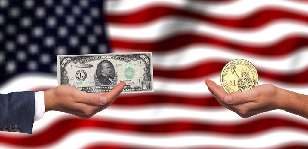 $1,000 bill for coin with American flag background